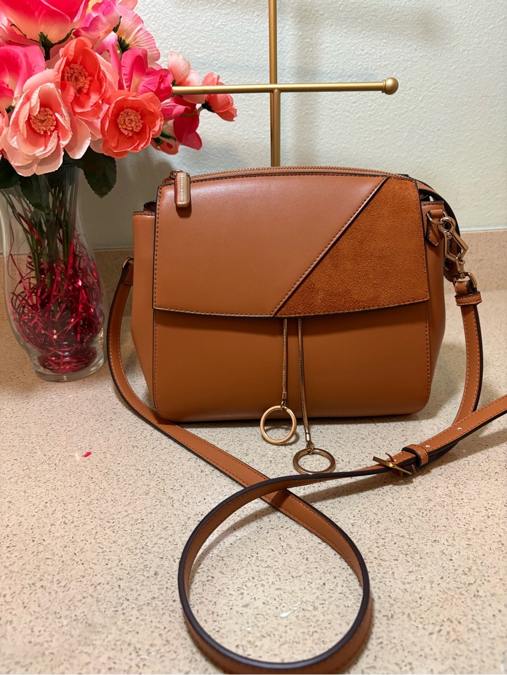 Charles & Keith Tan Crossbody Bag with Gold Ring Accents
